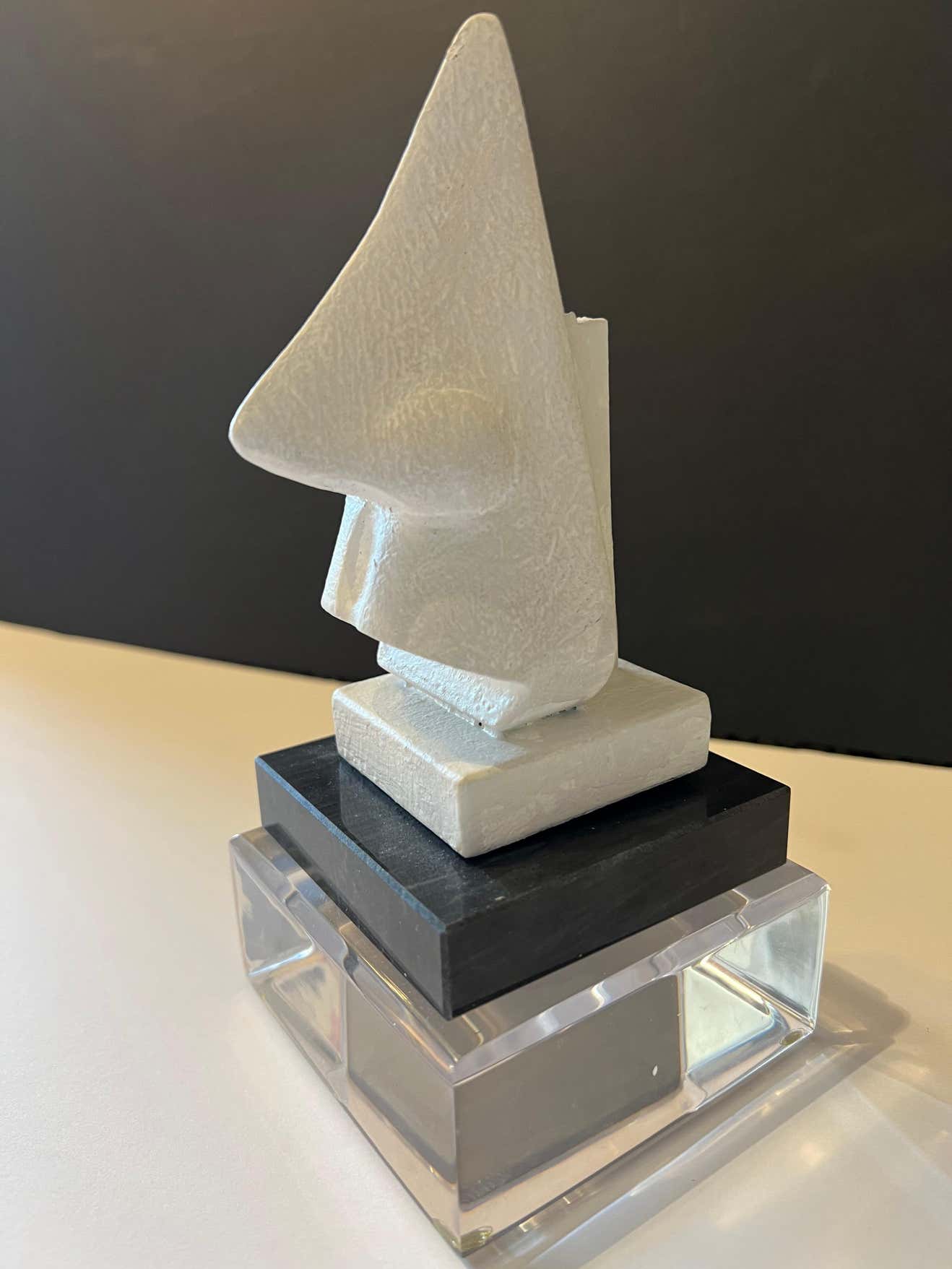 "The Nose" White Modern Plaster Sculpture on a Lucite and Black Marble