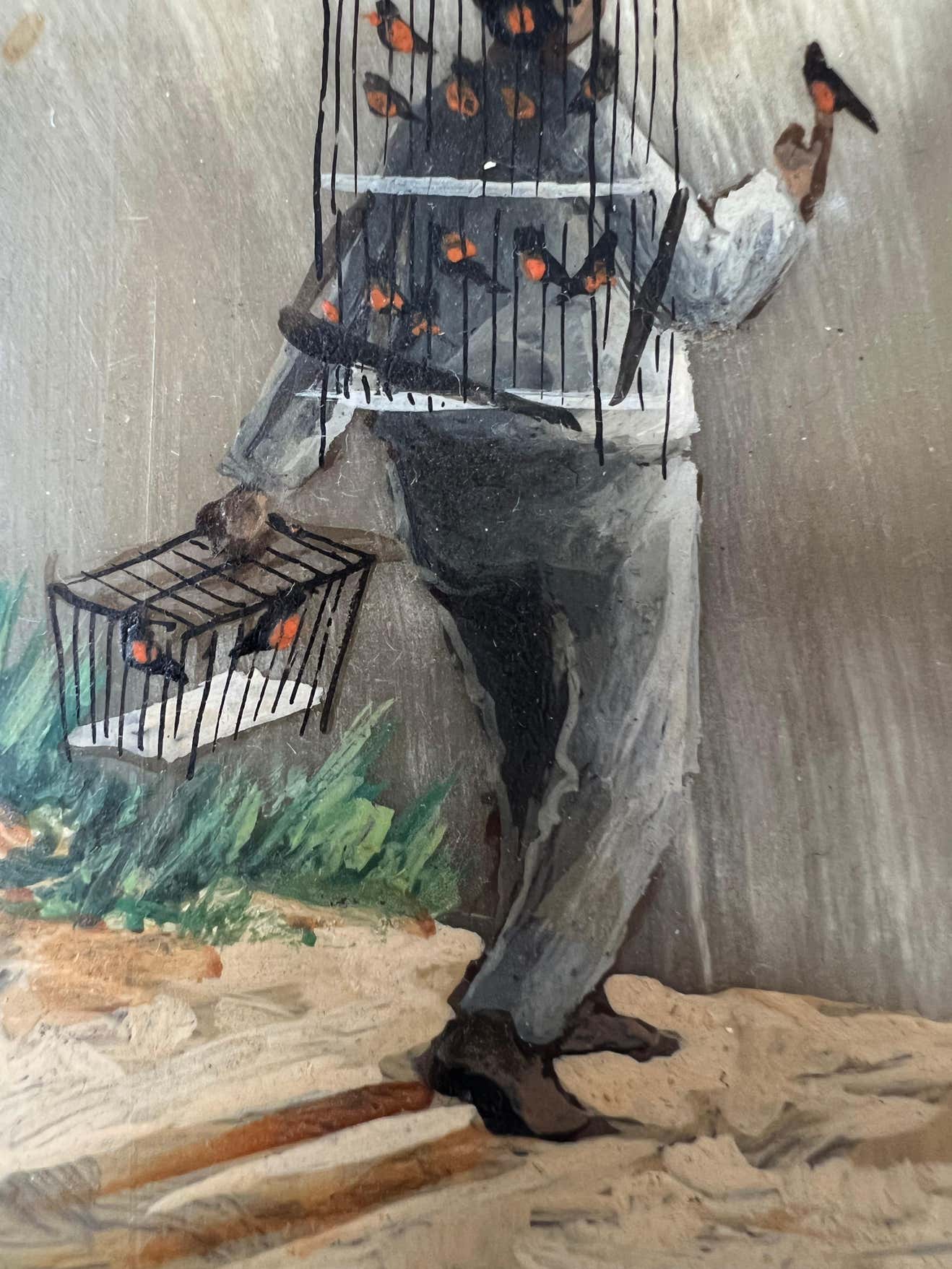 Little Oil Painting of a Bird Vendor by Armando Morales