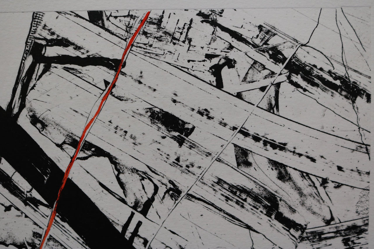 RED LINE Greyscale Litograph Signed Louise Siekman