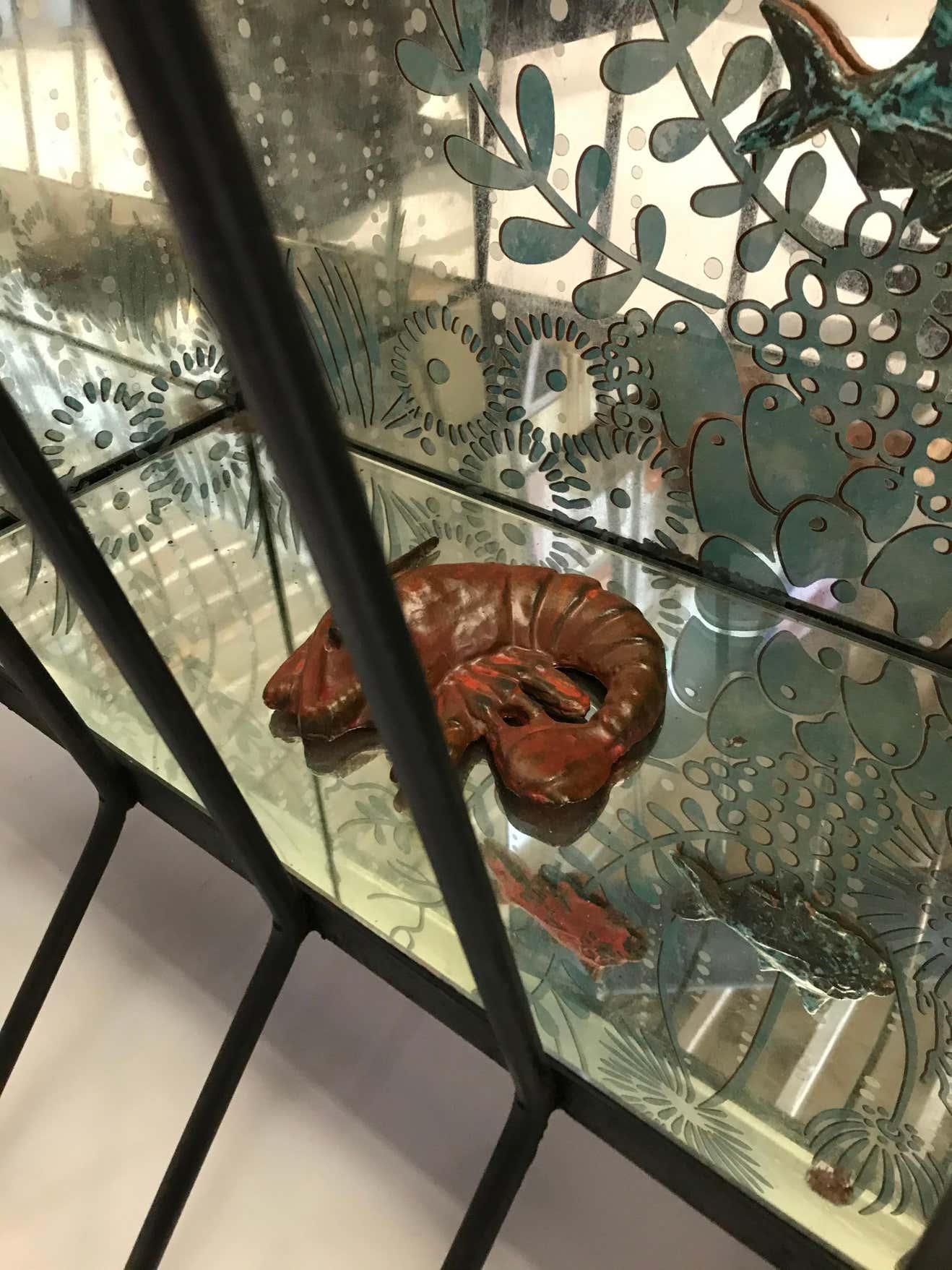 Incredible Aquarium Glass and Iron Console Bar with Ceramic Ocean Flora