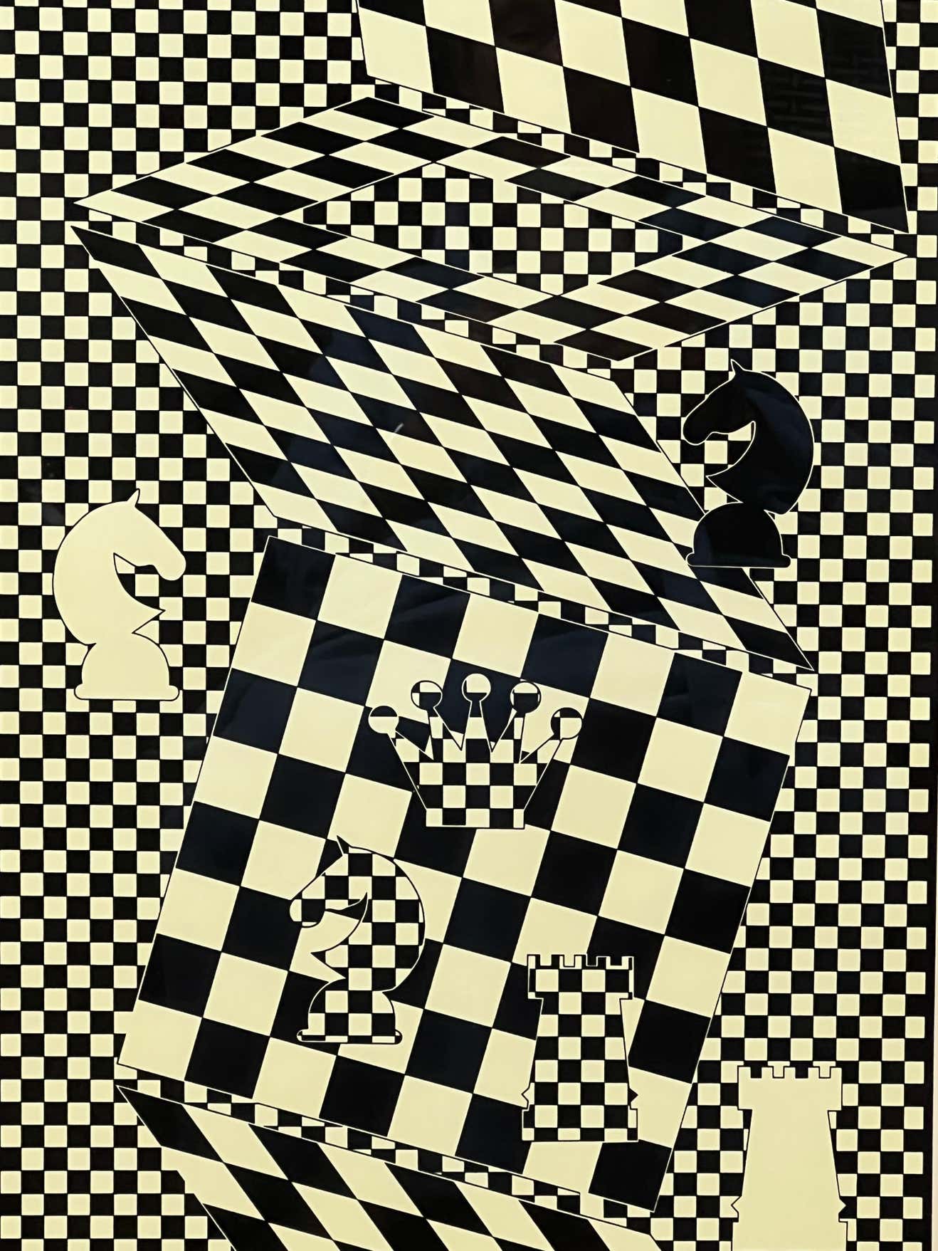 Black and White Lithograph "L'echiquier" (the Chessboard) by Victor Vasarely