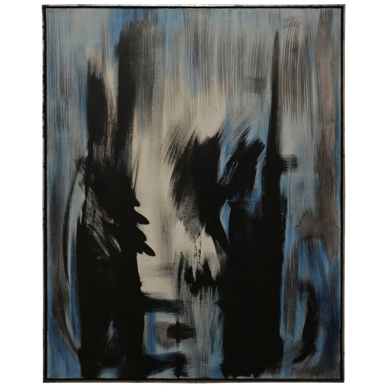 Abstract Black and Blue Oil on Board by Bert Miripolsky