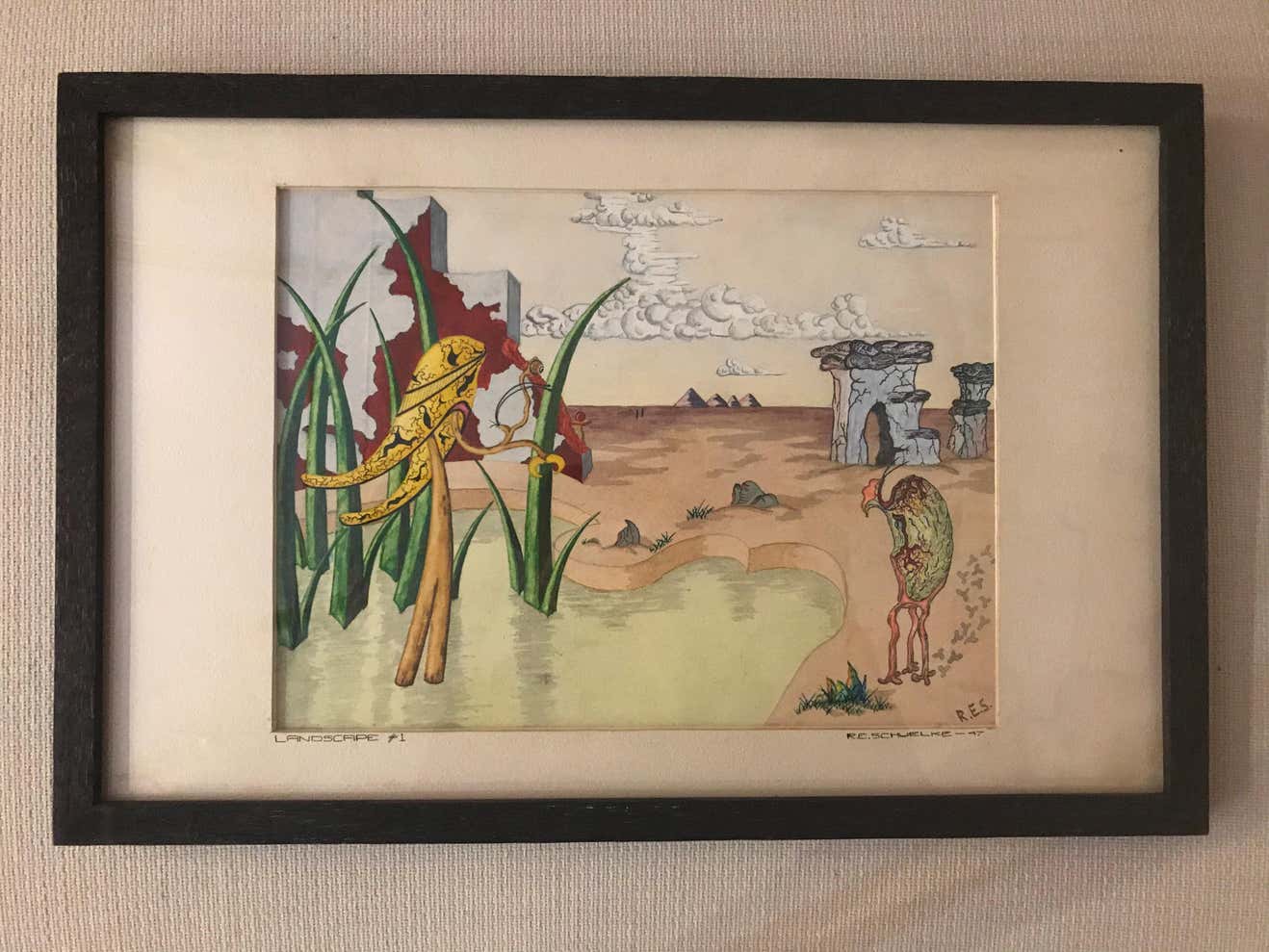 Surrealist Landscape Watercolor Signed R. E. Schwelke and Dated 1947