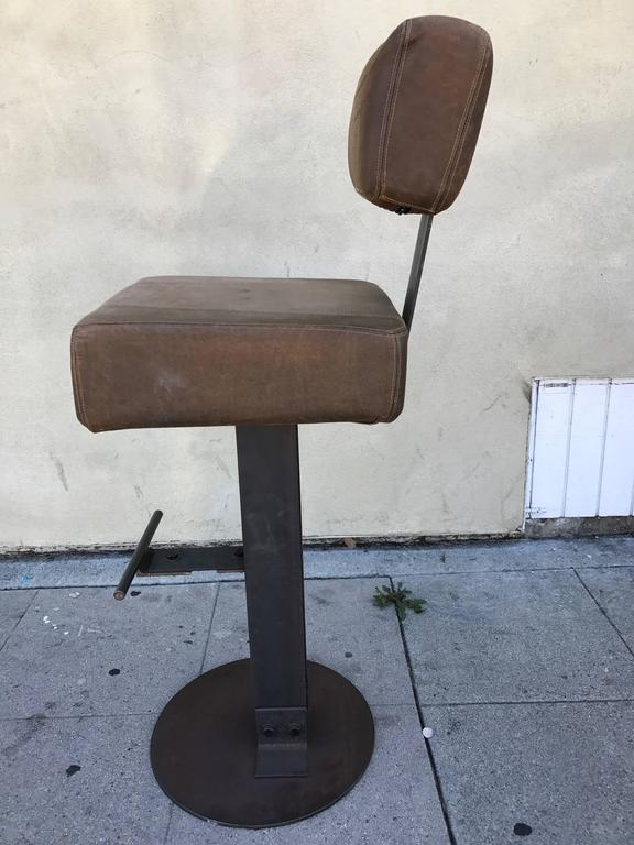 Brown Leather and Steel Industrial Bar Stools - a Pair