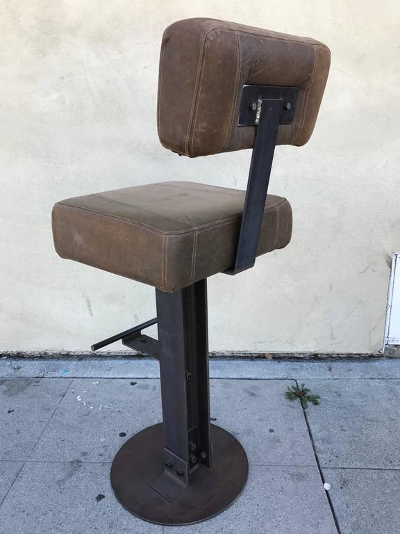 Brown Leather and Steel Industrial Bar Stools - a Pair