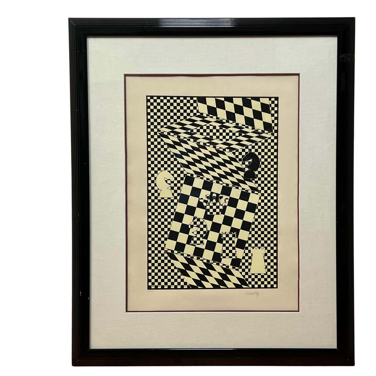 Black and White Lithograph "L'echiquier" (the Chessboard) by Victor Vasarely