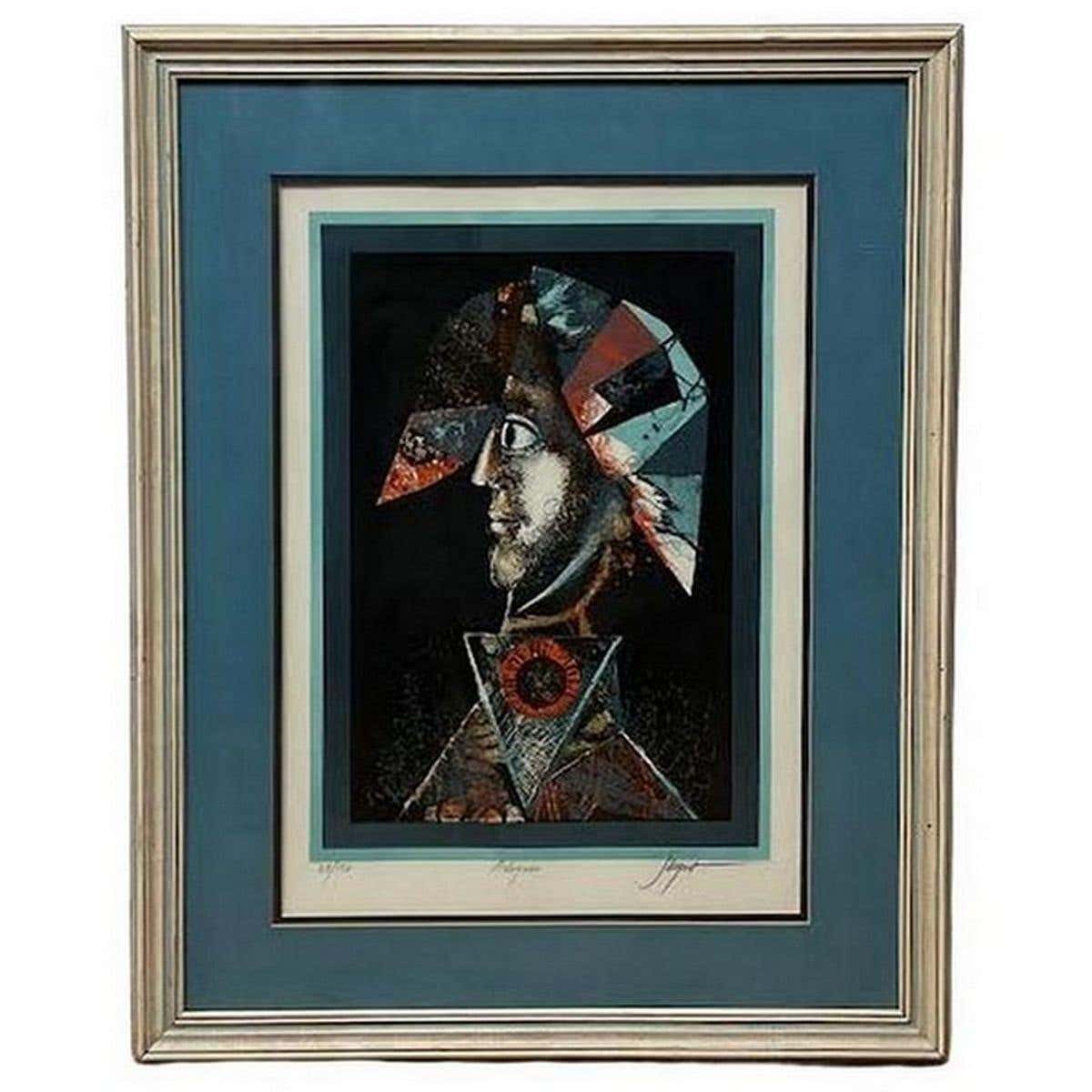 Arlequin Portrait Lithograph By Pierre Jacquot in Gold Frame