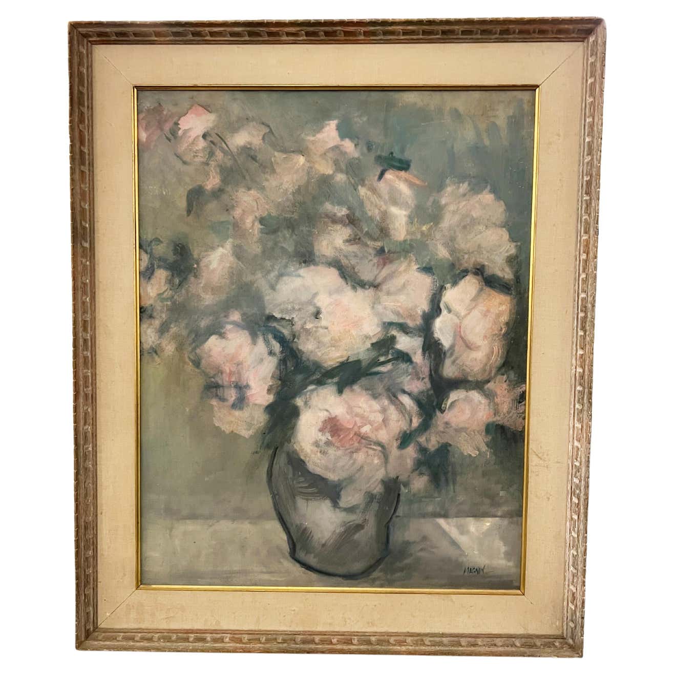 Still-Life Oil on Canvas of a Bouquet of Roses Signed Magnin