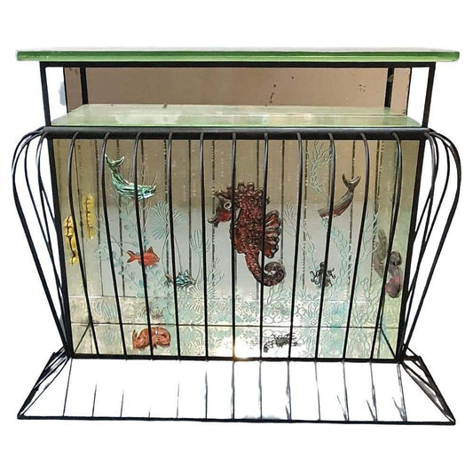 Incredible Aquarium Glass and Iron Console Bar with Ceramic Ocean Flora