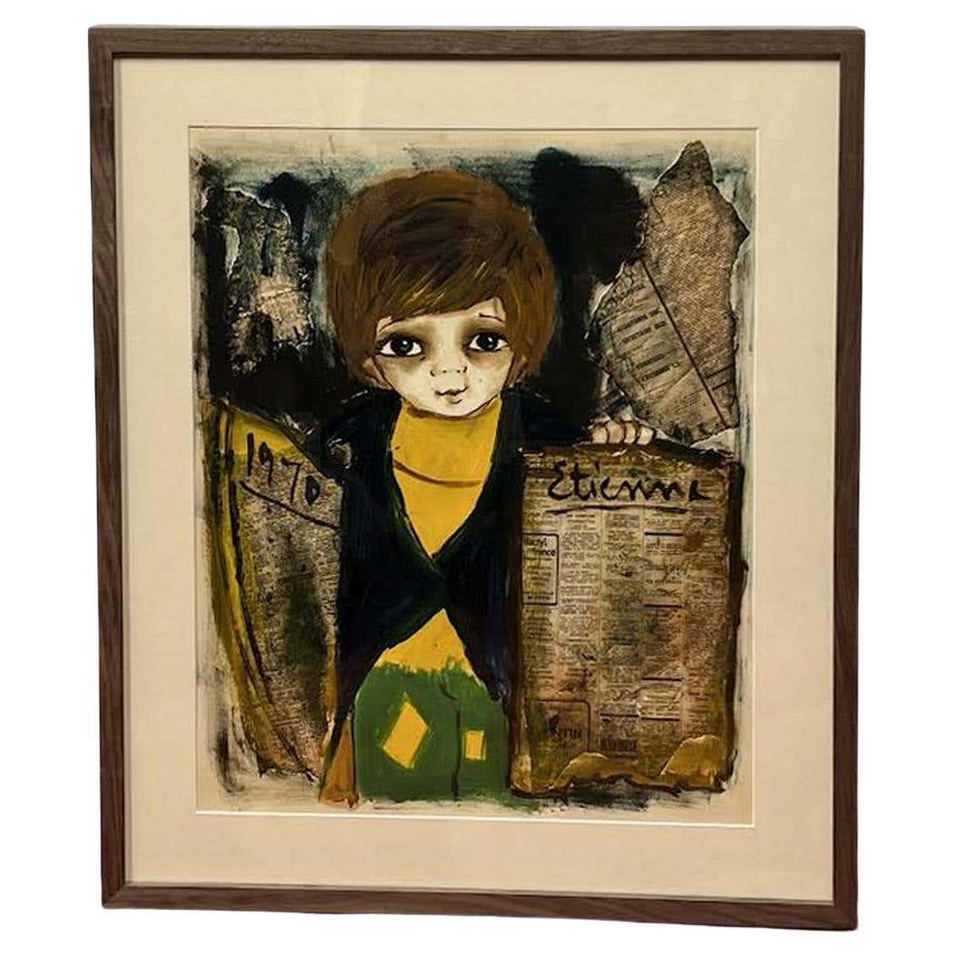 Collage and Watercolor of a Newsboy by Roger Etienne