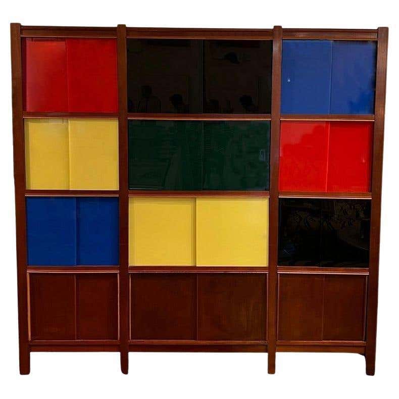 French 50s Mahogany and Colorful Glass Cabinet