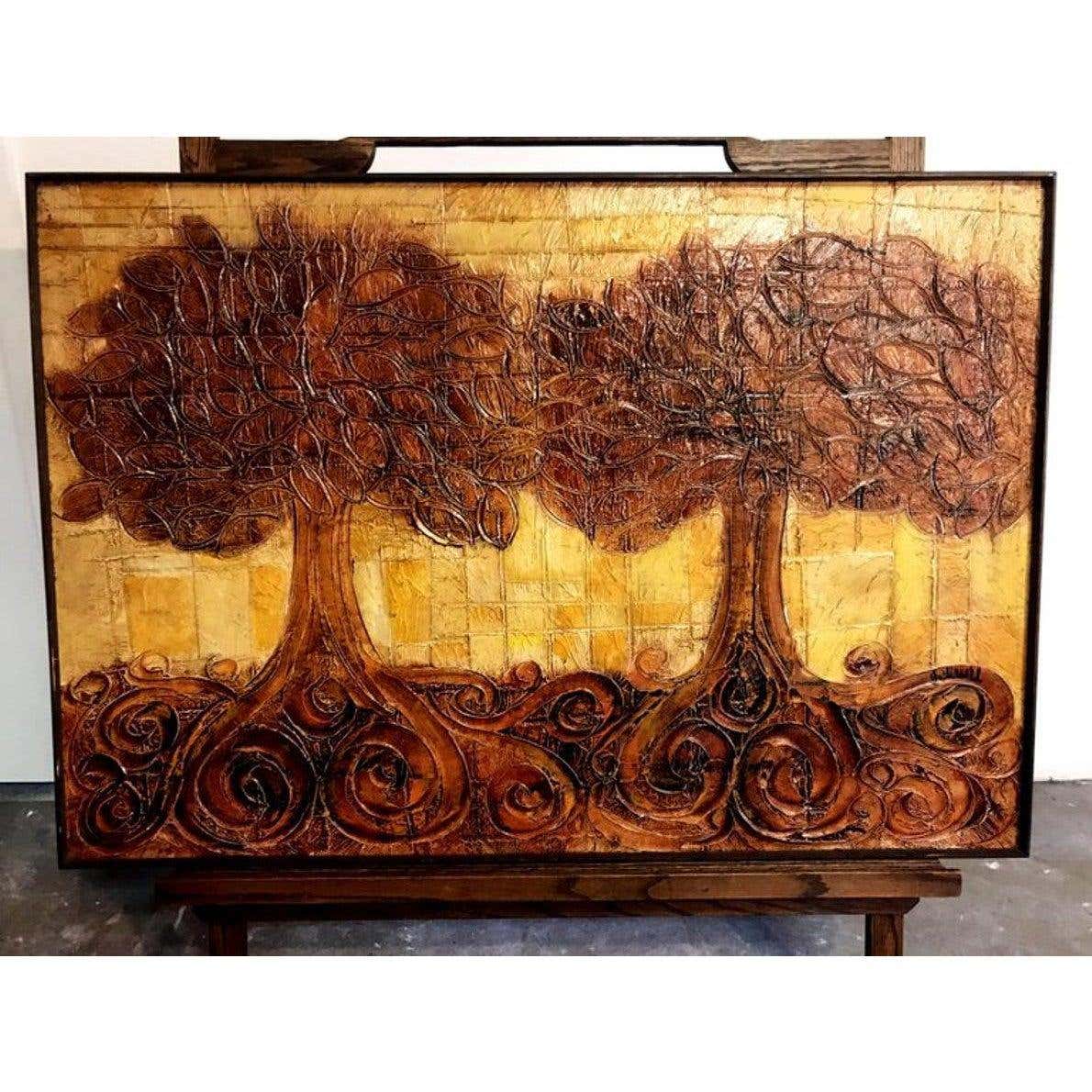 Large Embossed Plaster Painting of Trees