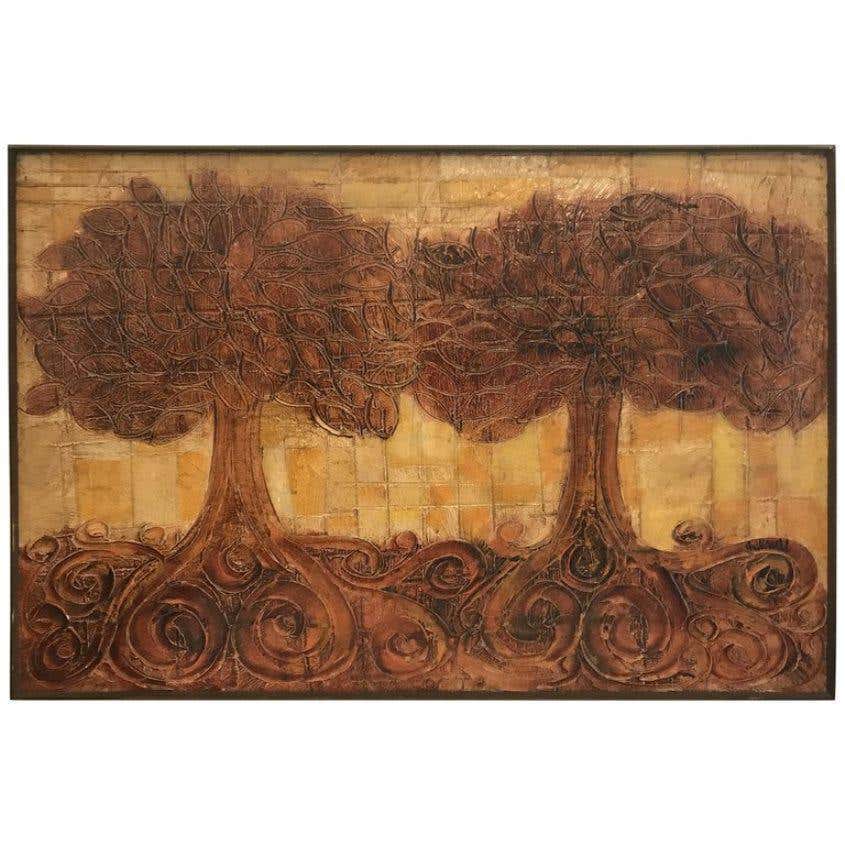 Large Embossed Plaster Painting of Trees